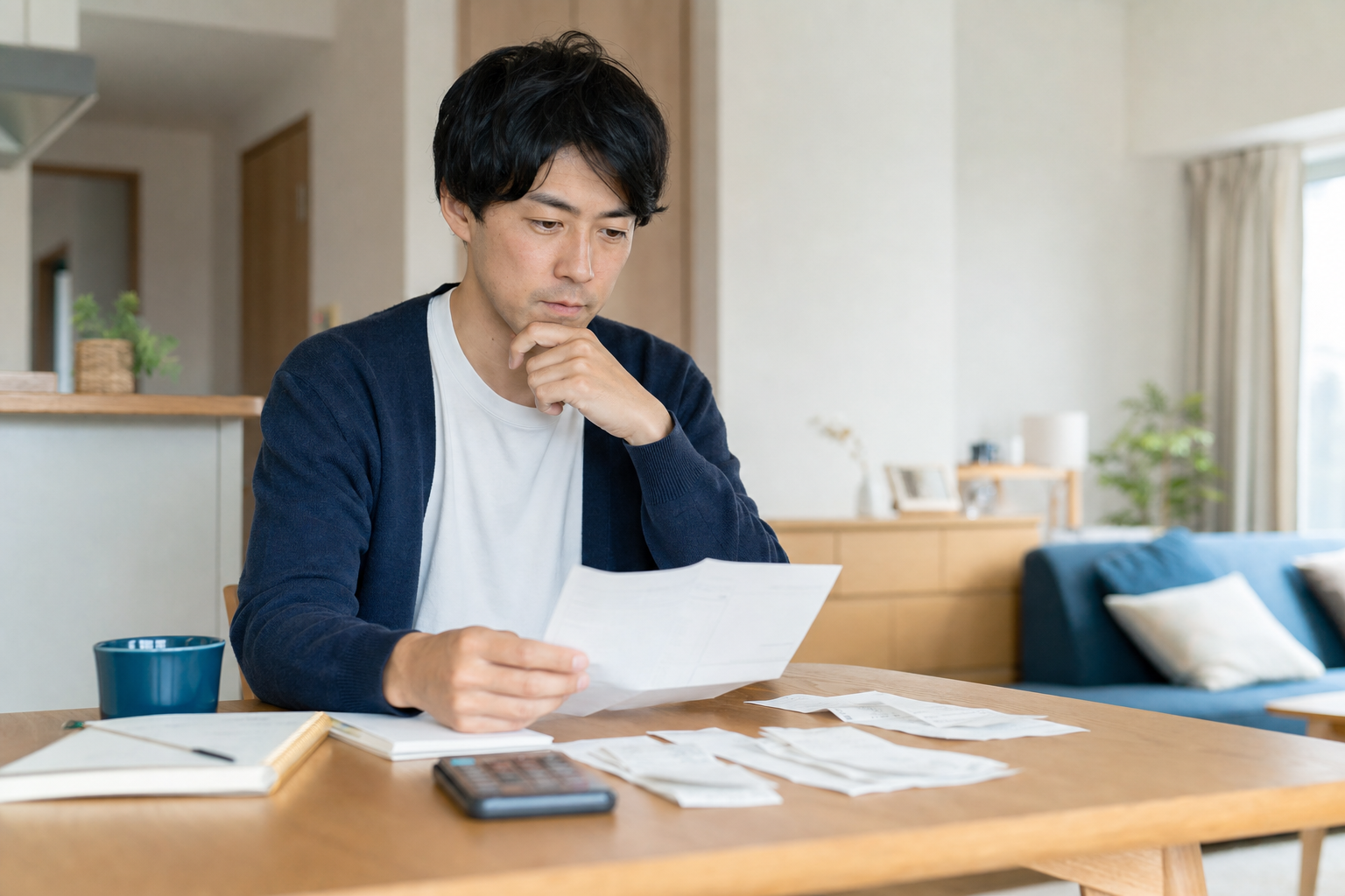 賃上げ後も物価高による家計負担を確認する会社員のAI生成イメージ