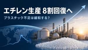 エチレン生産8割回復とプラスチック不足緩和を表す石油化学プラントのAI生成イメージ