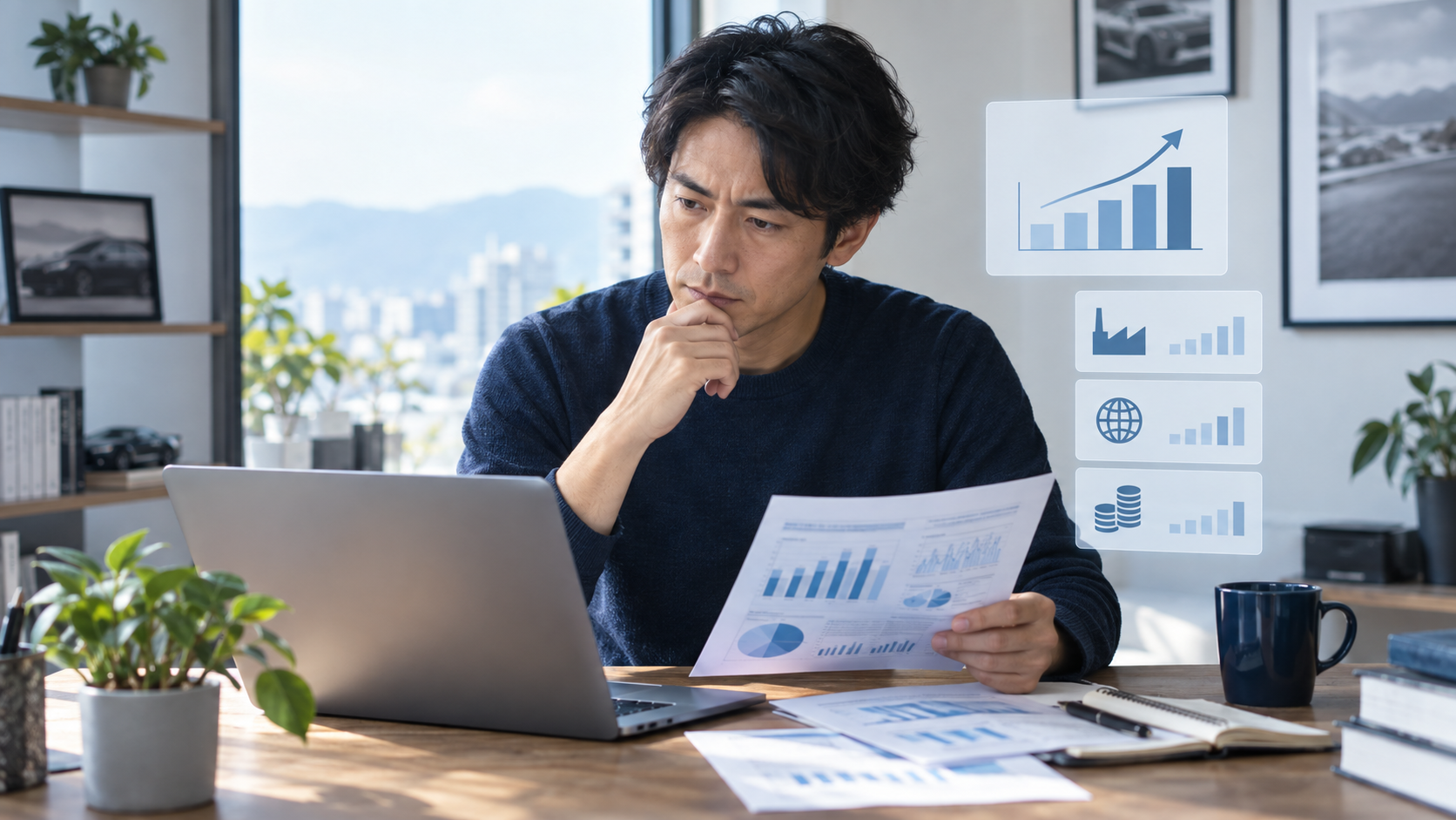 日産の決算を利益の中身から分析する投資家のイメージ