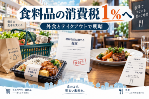 食料品の消費税率1％への改正案と外食・テイクアウトへの影響を考えるイメージ