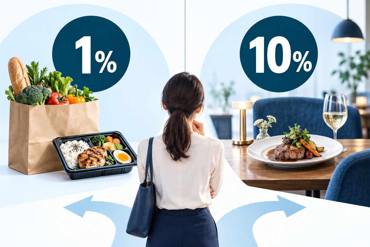 食料品とテイクアウトの1％、店内飲食の10％を比較するイメージ